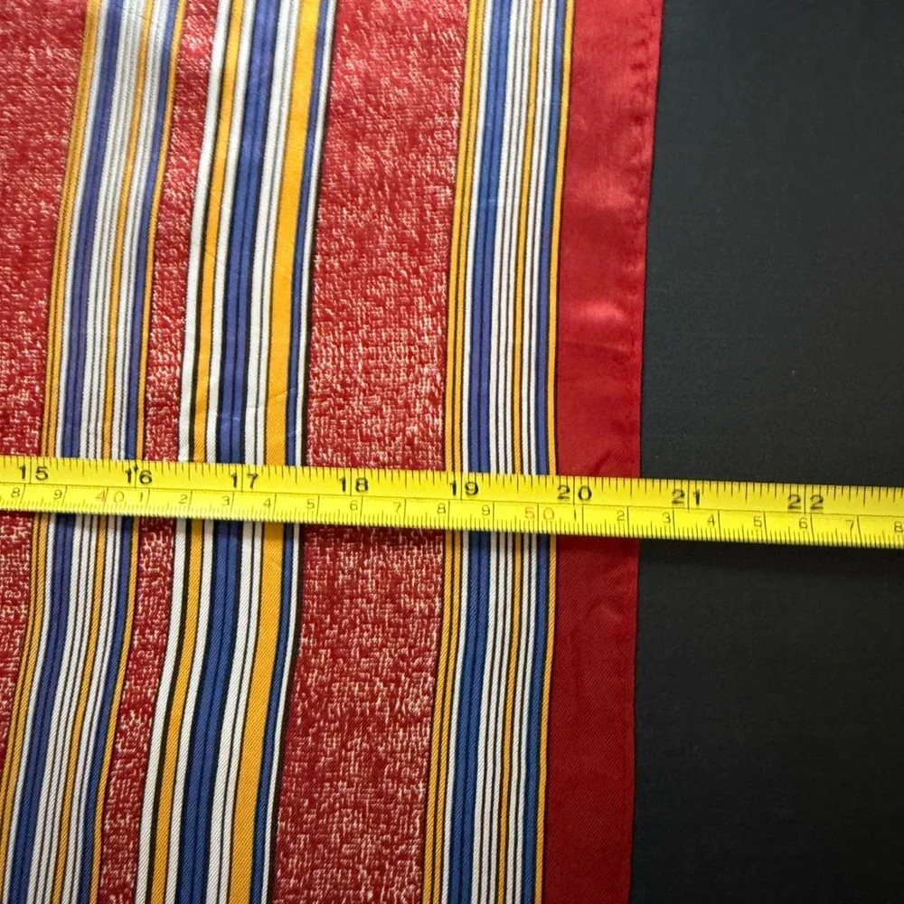 Vintage Red Geometric Square Scarf Yellow Blue Striped Border Silky Neck‎ Scarf